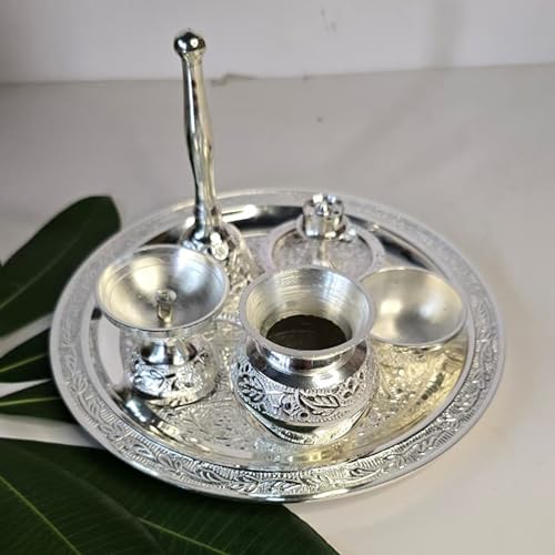 Image of Silver Plated Pooja Thali Set with Custom Name Box | 7-Piece Premium Religious Gift | Ideal for Corporate & Employee Gifting, Diwali, Housewarming & Every Festive Occasions (10 inch)