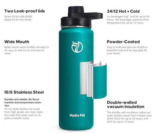 Image of HydroPal Vacuum Insulated Water Bottle 1200ml /1000ml /750ml /500ml, 2 Lids (Straw & Spout), 12H Hot 24H Cold, BPA Free Stainless Steel Bottle, Leakproof Sports Water Bottle for Gym, Travel, Work