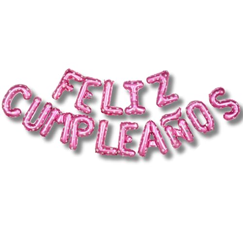 GLOBO Feliz aniversário em espanhol - 15 letras independentes de alumínio - inclui palhinha de enchimento e fita colorida do balão - insuflável com ar ou hélio- (rosa corações)