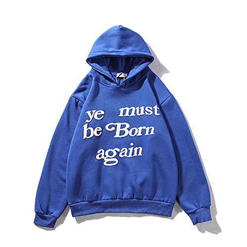 BQT Ye Must Be Born Again Hoodies Kanye Hip Hop Hooded Cotton Pullover Sweatshirts,Blue,M