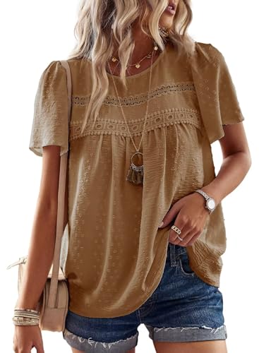 Image of Falechay Womens Summer Tops Crewneck Short Sleeve Shirts Casual Chiffon Blouses Flowy Lace Hem Boho Clothing Trendy 2026