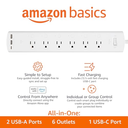 Amazon Basics Smart Plug Power Strip with 6 Individually Controlled Outlets and 3 USB Ports (2 USB-A and 1 USB-C), Works with Alexa Only, 2.4 GHz Wi-Fi, No Hub Required, White