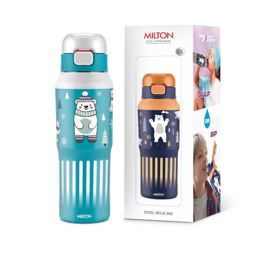 Image of Milton Steel Helio 600 Thermoware Water Bottle 520 ml with One Touch Safety Lock & Twin Lid Sip or Gulp, Long Hours Hot & Cold, Leak Proof, ISI Certified, PU Insulated, for Kids, School, White