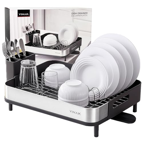 VINAK - Escurreplatos - Escurridor de Platos | Acero Inoxidable | Drenaje orientable + escurridor de Cubiertos | Asas para Transportar/Guardar | Topes de Goma Antideslizantes | 42×32×11 cm