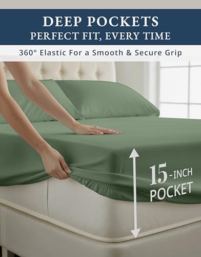 Image of LANE LINEN Black Sheets Full 100% Egyptian Cotton Sateen - Iceberg Green | Cotton Full Size Sheet Sets - 4-Piece Set, For A Luxurious Night's Sleep, For A Silky Hotel-Style Bed, Luxe Sheen