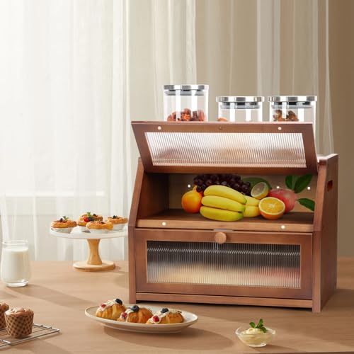 Large Bread Box for Kitchen Countertop, Wooden Bread Bin with Double Layer Storage and 0.6-inch Thick Natural Wood Panels, Rustic Bread Box Organizer for Kitchen (Retro Brown)