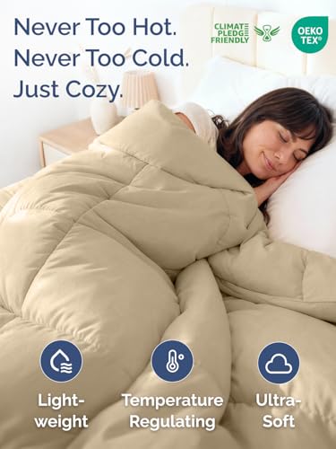Image of Full Size, Beige Alternative Down Comforter - Warm, Lightweight & Breathable Hotel Quality Bedding Set for Men, Women, Kids and Teens - All Season Oversized Cooling Microfiber Duvet Insert Comforter