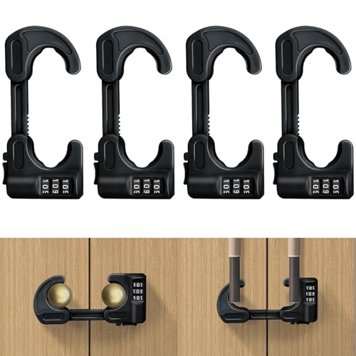 4 PACK Cabinet Locks Baby Proofing Child Proof Cabinet Lock with Combination Sliding Cabinet Door Locks Adjustable U Shaped Drawers Cupboard Locks Baby Safety Cabinet Latches for Knob Handle (Black)