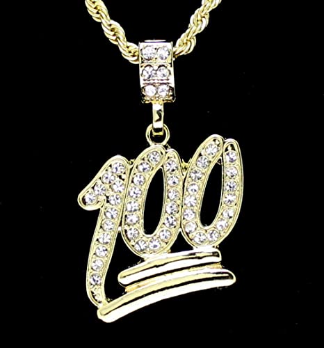 Iced 14K Gold, Silver Plated Simulated Diamond EMOJI 100 Pendant & 4mm 24" Rope Chain Hip Hop Jewelry Fashion Necklace Gift3