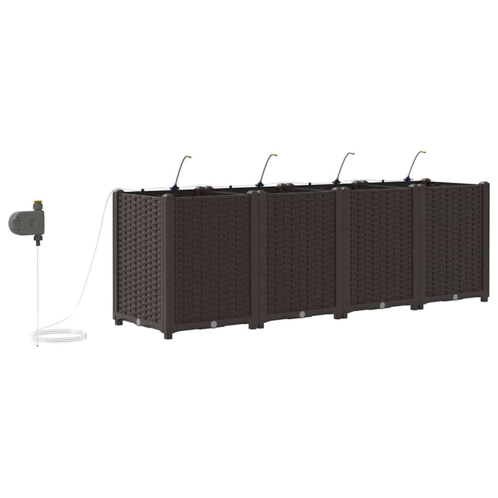 Lot de 4 pots de fleurs de jardin avec système d'auto-irrigation, pot de fleurs en plastique marron pour l'extérieur, design moderne pour terrasse et jardin, jardinière pratique