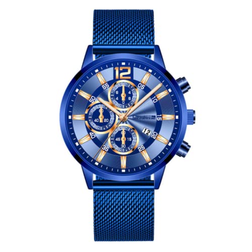 Relojes de Hombre Analógico de Cuarzo Cronógrafo Deportivo Correa de Malla de Acero Inoxidable Fecha Reloj de Pulsera Comercial, Texto Azul De La Cara Azul En Oro Rosa, Pulsera