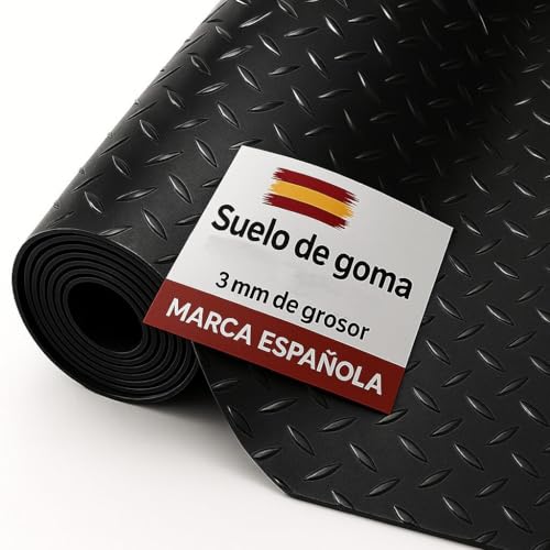 Suelo Gimnasio Caucho Ancho 100cm - Suelo de Goma Seguro - Losetas para Suelo Antideslizante - Plancha de Goma plástico para maleteros y Taller - Corte por Metros [Diamantes 3mm]