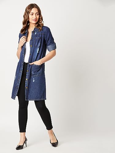 Image of Miss Chase Women's Polycotton Women Collared Full Sleeves Patch Pocket Denim Knee-Length Standard Length Jacket
