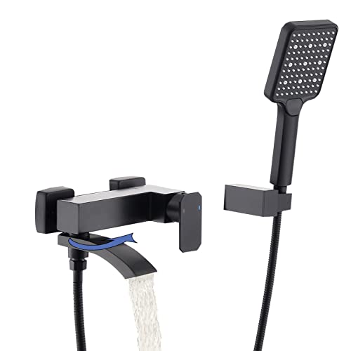 Grifo de bañera de montaje en pared con ducha de mano de 3 funciones | Grifería para bañera cuadrada de acabado negro mate con rociador portátil y grifo plegable alargado miniatura 1