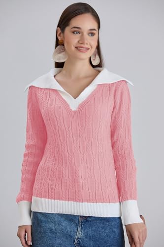 Image of Sweaters for Women Fashion Long Sleeve Lapel Collar V Neck Casual Knit Color Block Pullover Sweater