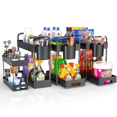 ZIZOTI 4 Pack Under Sink Organizer and Storage - Stackable 3 Size 2 Tier Bathroom Under the Sink Organizers Multi-Usage Kitchen Cabinet Organizers and Storage Sink Bath Shelf Baskets