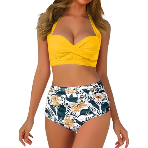 Traje de baño de dos piezas para mujer con bikini de cintura alta y estampado amarillo L