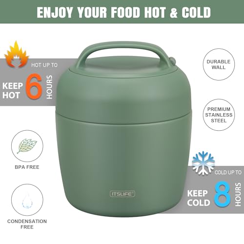Image of Thermo Food Jar for Hot Food Adults 32OZ Soup Thermo Lunch Containers Wide Mouth Vacuum Insulated Stainless Steel Leakproof Bento Box with Spoon (NEW-GREEN)