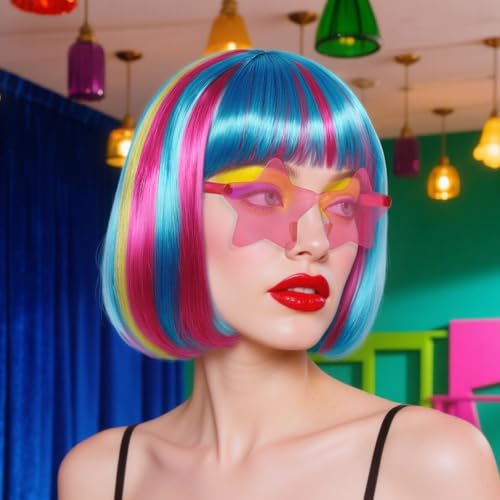 Image of ANOGOL Hair Cap + (Sunglasses) Rainbow Wig Yellow Blue Pink Bob Wig with Bangs Womens Party Wigs with Star-Shaped Glasses Short Neon Wig Daily Party Fun Wigs Women Halloween Costume Bachelorette Hair