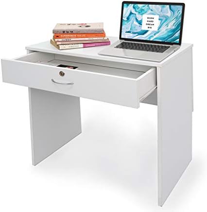 BuildRapido Computer Home Office Desk Security Key Lock Wooden Drawer Writing Table with Storage for Laptop & Valuables, Engineered Wood, White, 70 x 40 x 71.5cm