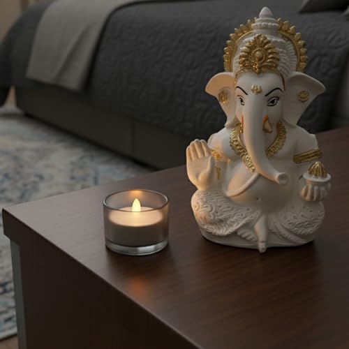 Image of Elegant Resin Ganesha Idol for Home Temple Decor, Lord Ganpati Murti for Pooja Room, Car Dashboard, Gift Item | Color: Off White