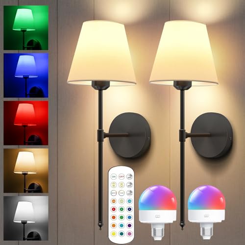 Image of Battery Operated Wall Sconce Set of 2, Black Rechargeable Wall Sconces Set of Two with Remote Control,Dimmable Wall Lamp with Detachable Bulbs,15 Colors Wall Light for Bedroom Living Room Hallway