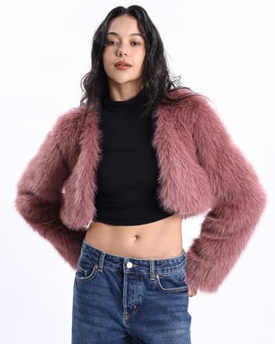 Xintianji Womens Faux Fur Cropped Jacket - Open Front Long Sleeve Winter Fuzzy Fleece Coat2