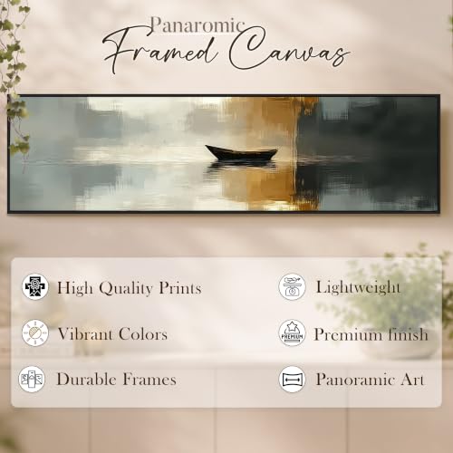 Image of Boat In The River Modern Abstract Art Wall Painting for Living Room, Home and Office Wall Decoration - 13x47 Inch