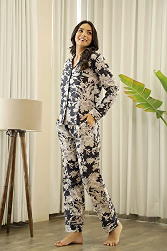 Image of SANSKRUTIHOMES Women's Premium 100% Cotton Printed Night Suit Set | Elegant Full Sleeve Collar Top & Pyjama | Soft & Breathable Premium Loungewear for Women