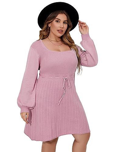 Image of Women's Plus Size Casual Sweater Dress Square Neck Long Lantern Sleeve Tie Waist Loose Pullover Sweater Dresses