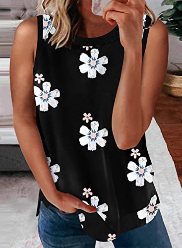 Ecrocoo Women's Summer Sleeveless Round Neck Tank Tops Casual Loose Flower Blouse Shirts,Black 2Xl #TOP1