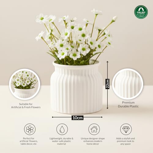 Image of TrustBasket Sereno Decorative Plastic Flower Vase Set White & Yellow, Modern Table Top Home Decor Accent for Living Room Bedroom, Office, Compact Minimalist Durable Vase Set of 2