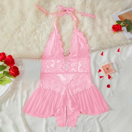 AHOVIT Sexy Lingerie for Women Lace Bodysuit One Piece Teddy Mini Babydoll Mesh Sleepwear V Neck Chemise Nightgowns Pink