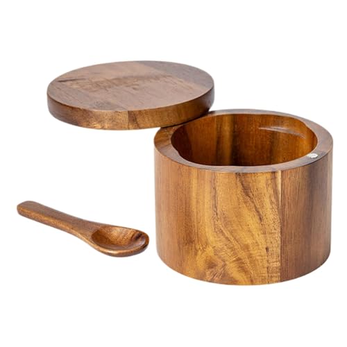 Caja Salero, Olla de Sal de Madera | Recipiente de Sal con Tapa Giratoria | Cuchara Incorporada para Azúcar, Tarro de Madera de Cocina, Salero Doméstico para Hogar, Bar