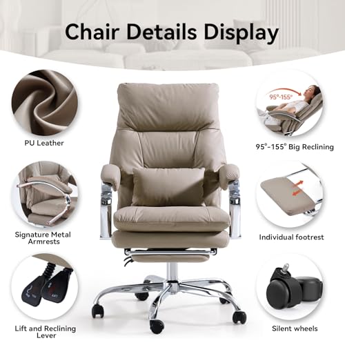 Image of LEAGOO Reclining Office Chair with Foot Rest, Executive Office Chairs with Arms, Ergonomic High Back PU Leather Comfy Swivel Computer Desk Chairs with Wheels and Lumbar Support for Home Office, Khaki