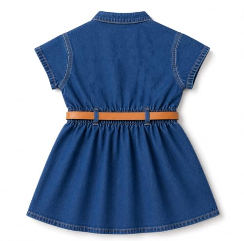 Image of Bold N Elegant Girl's Short Sleeve Front Open Stylish Cute Cotton Denim Dress Frock Tunic with PU Leather Belt and Pockets for Infant Toddler Baby Girls