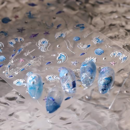 Dajijiyou DAJIJIYOU428 5D Embossed Shell Nail Stickers Self Adhesive Starfish Nail Art Stickers Ocean Waves Conch And Pearl Nail Decals Ocean Theme Nail Designs Stickers thumb #1