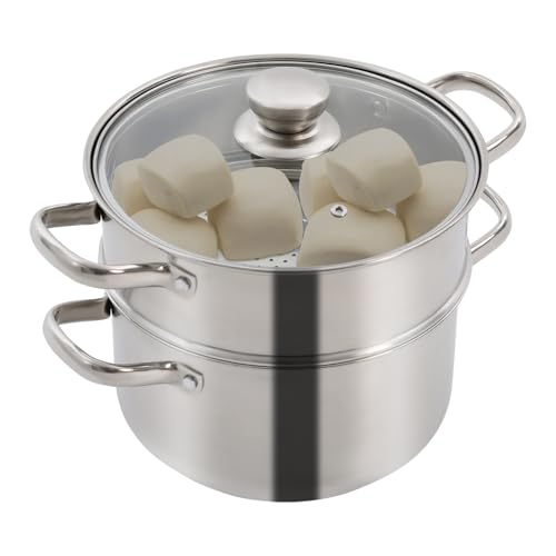 Olla de vapor de acero inoxidable de 2 niveles, 3-4 L con tapa, para verduras, gambas, panecillos, sopa, cocina baja en grasa, inducción y cocina de gas, apta para lavavajillas