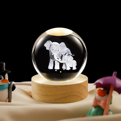 Image of 3D Elephant Crystal Ball Lamp with Dimmable LED and Wooden Base, Night Light for Kids Teens Adults, Home Desk Office Bedroom Decor, Birthday Gift (2.4 inch / 6cm)