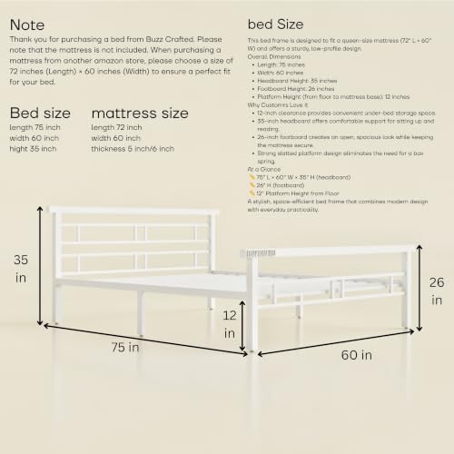 Image of Queen Size Metal Bed Frame with Headboard & Footboard | Queen Metal Bed | QueenSize Iron Bed | Queen Steel Bed | Heavy Duty Platform Bed | Double Bed Cot | Steel Slats | No Box Spring Needed | White