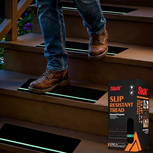 S&X Outdoor Stair Treads Non-Slip 5-Pack, 6' x 24' with Glow-in-the-Dark Stripe Heavy Duty Anti Slip Tape for All Slippery Surfaces - Weather Resistant Grip Tape for Stairs, Steps
