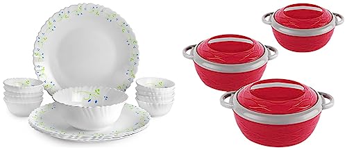 Image of Cello Opalware Dazzle Tropical Lagoon Dinner Set, 13Pcs, White & Cello Hot n Fresh Casserole Set with Inner Steel, Set of 3 (500ml, 1000ml, 1500ml), Red