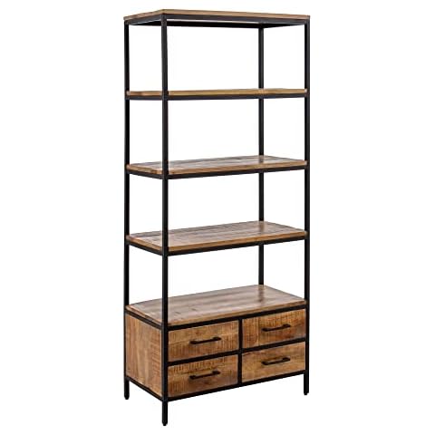 LOLAhome Shelf with 3 Shelves and 4 Drawers in Iron and Wood, Black and Natural, 80 x 40 x 180 cm Cover