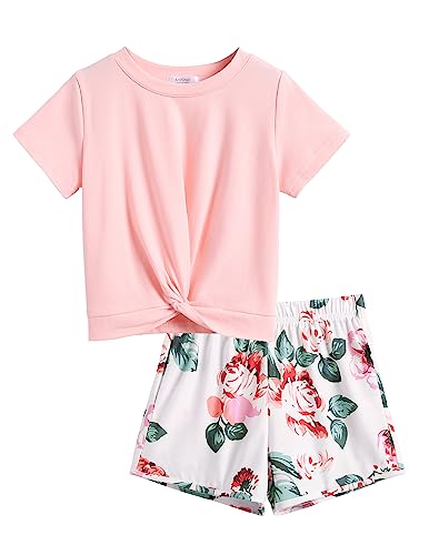 Image of Arshiner Girls Clothing Sets Twist Front Top and Shorts 2 Piece Outfits Activewear Tracksuit 5-14 Year