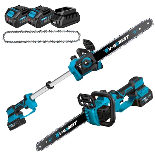 V-MODEST 10 Inch Brushless Telescopic Chainsaw & 2-in-1 Cordless Pole Saws, Battery Powered Tree Saw with 2x 4.0Ah Batteries, Lightweight Design for High Limb Trimming & Ground Cutting