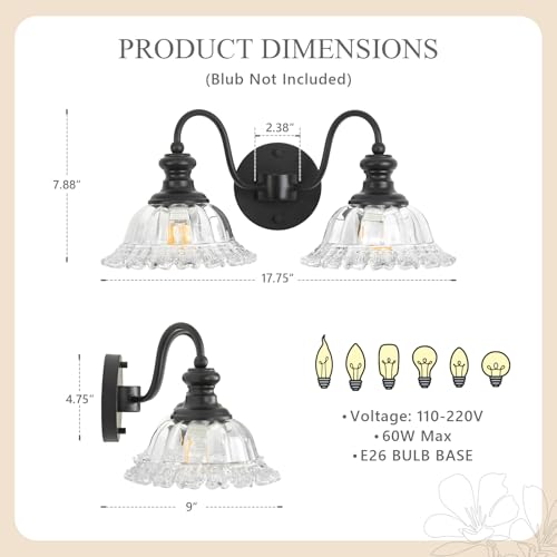 Image of 2 Lights Black Vintage Bathroom Vanity Light Fixture Over Mirror | Floral Transparent Glass Shades,Antique Wall Sconces,Wall Mount Up or Down, E26 Socket, Hardwired