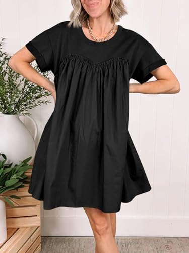 Image of Wenrine Womens Short Sleeve T Shirt Dress Summer Babydoll Patchwork Swing Casual Mini Dresses Black, Large