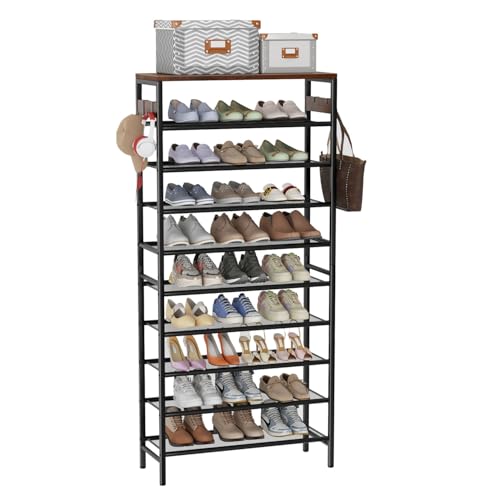 MMAORCS Shoe Rack 10-Tier Shoe Organizer with Hooks Metal Frame Shoe Storage Large Capacity 29.5" L Shoe Racks for Entryway Hallway Closet Rustic Brown and Black ZSRB-1230