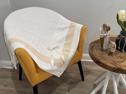 Luxury Spanish Baby Knit Blanket for Boys and Girls with Intricate Lace Trim – Timeless Keepsake. 41'' x 41'' (White)2