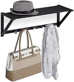 Relaxdays Wall Mounted Coat Rack with Shelf, 5 Hooks, Hallway & Bathroom, Modern, Metal, HBT 23 x 65 x 25 cm, Black, Pack of 1